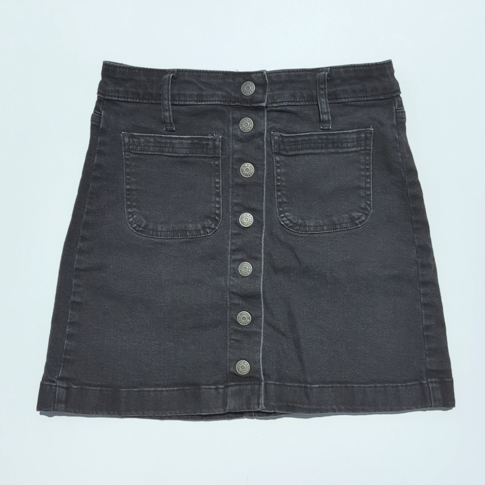 Madewell High Waisted Black Wash Button Front A-Line Denim Jean Mini Skirt 25